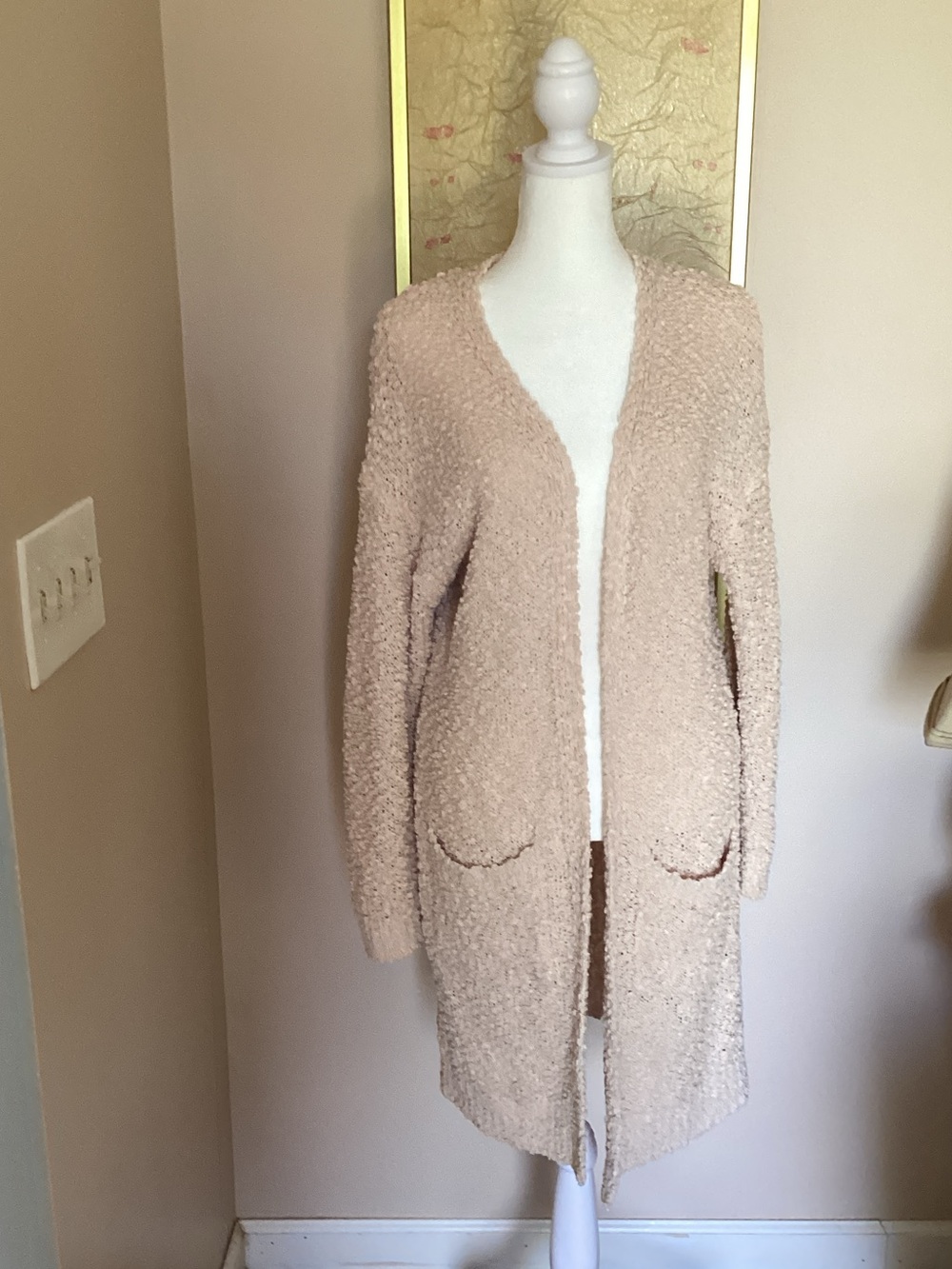 BiBi Open-Front Bouclé Long Cardigan in Light Beige